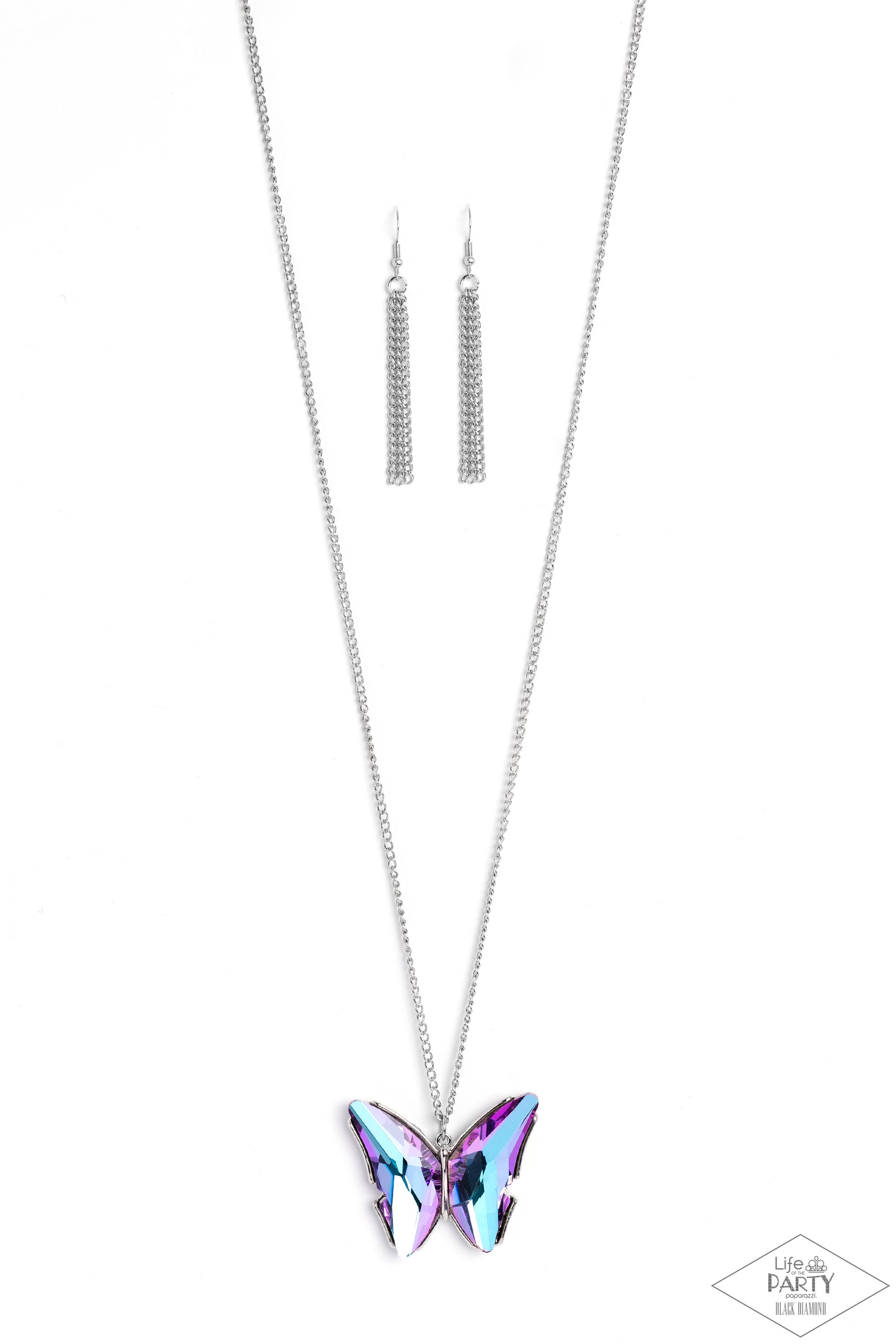 Paparazzi Accessories The Social Butterfly Effect - Purple Featuring a UV effect, dramatically faceted purple and blue gems adorn the wings of a silver butterfly, creating an ethereal pendant at the bottom of a lengthened silver chain. Features an adjusta