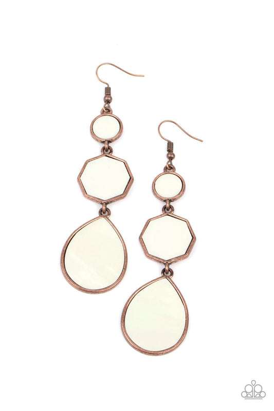 Paparazzi Accessories Progressively Posh - Copper Featuring rustic copper fittings, a dainty collection of round, octagon, and teardrop shell-like frames link into a sleek lure. Earring attaches to a standard fishhook fitting. Sold as one pair of earrings