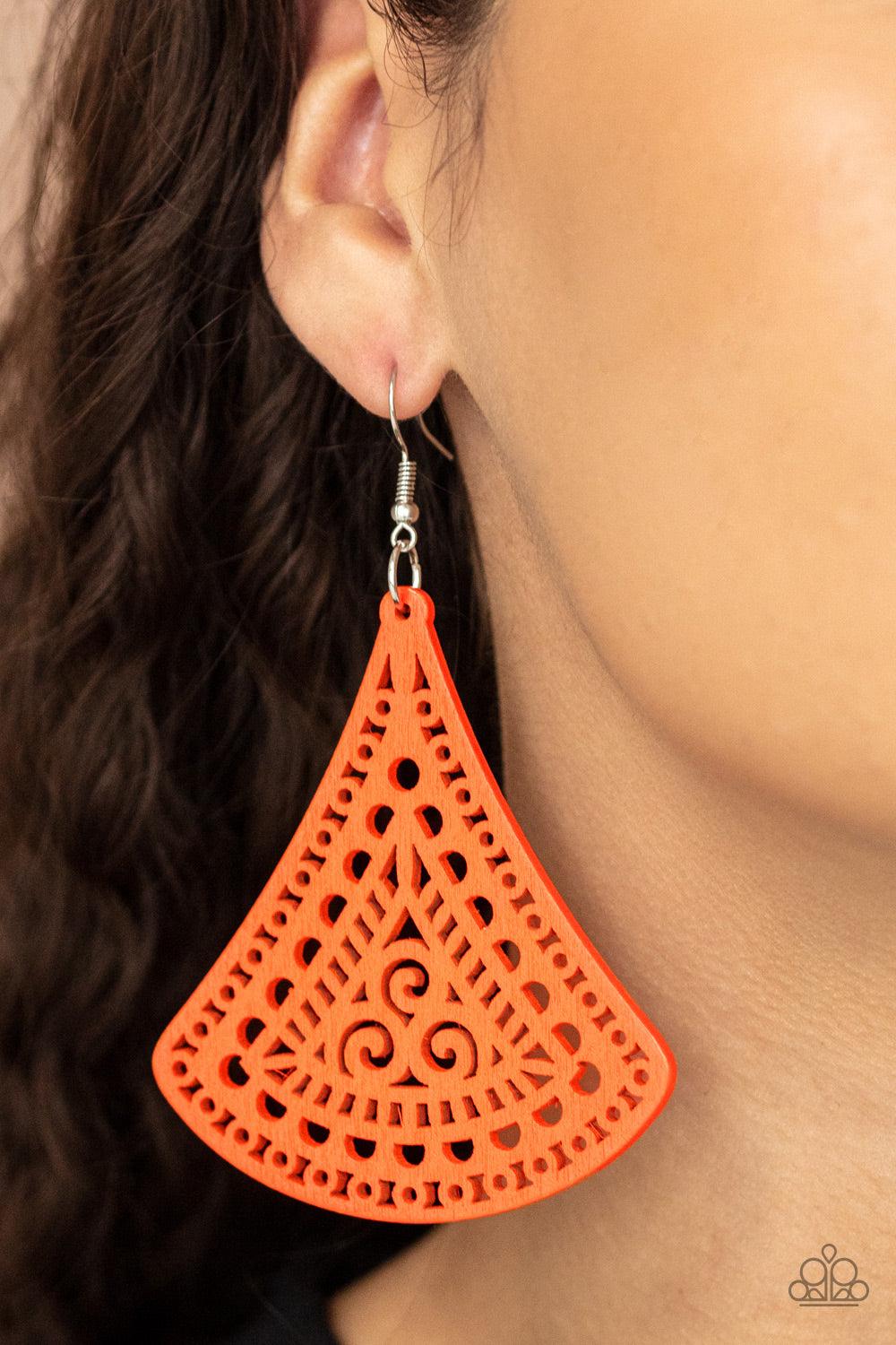 Paparazzi Accessories FAN to FAN - Orange Painted in a vivacious orange finish, a triangular wooden frame is cutout in an airy stenciled pattern for a whimsical look. Earring attaches to a standard fishhook fitting. Sold as one pair of earrings. Jewelry