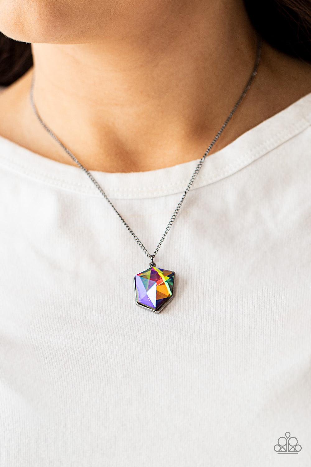 Paparazzi Accessories Stellar Serenity - Multi Featuring an oil spill shimmer, an iridescent raw-cut gem dazzles below the collar, creating out-of-this-world sparkle. Features an adjustable clasp closure. Sold as one individual necklace. Includes one pair