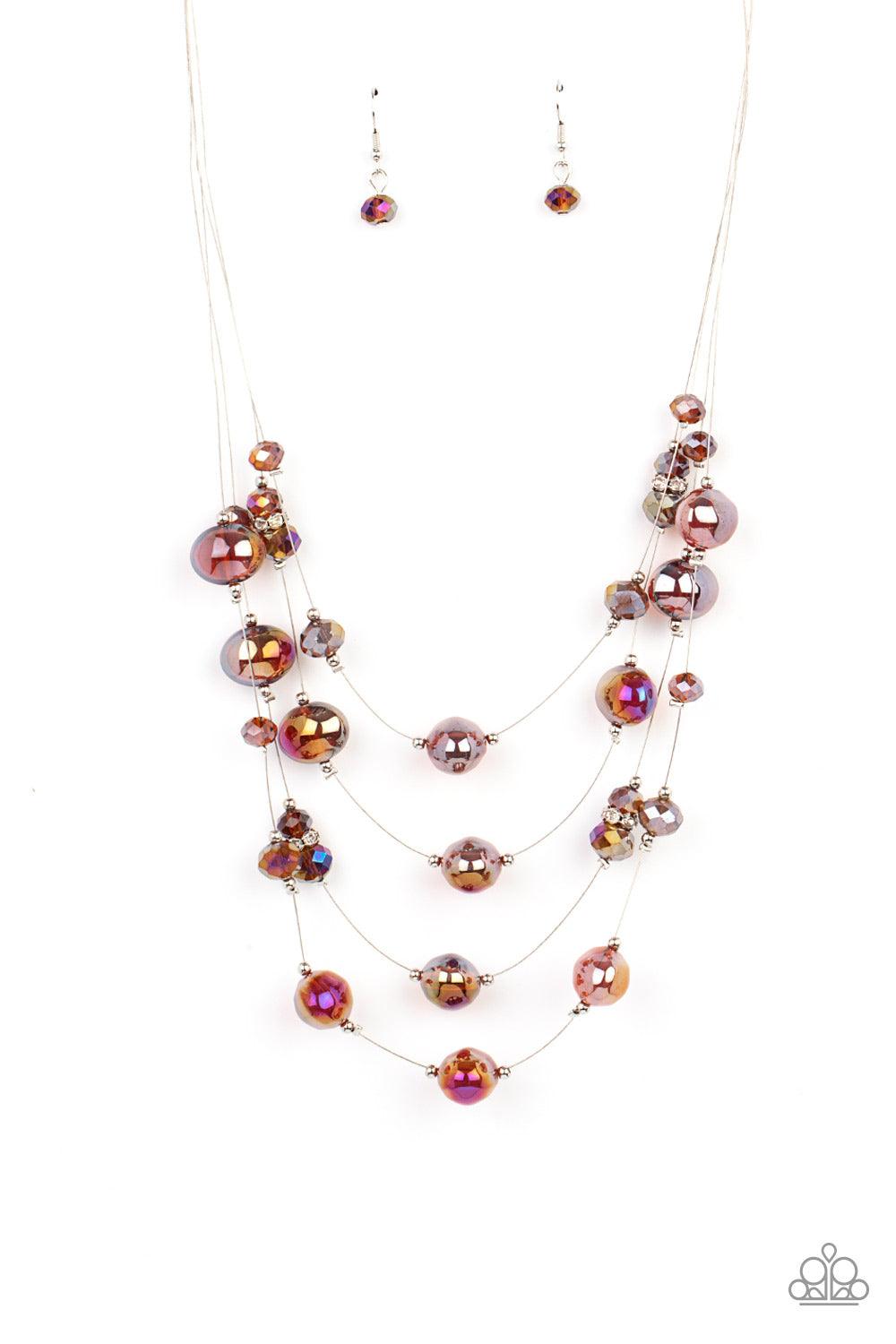 Paparazzi Accessories Cosmic Real Estate - Brown Featuring an oil spill finish, glassy brown beads and faceted crystal-like accents are fitted in place along dainty wires, creating the illusion of floating layers below the collar. Dainty silver beads and
