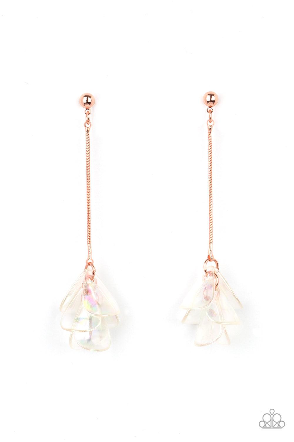 Paparazzi Accessories Keep Them In Suspense - Copper Iridescent acrylic petals delicately cluster at the bottom of a shiny copper chain, creating an ethereal tassel. Earring attaches to a standard post fitting. Sold as one pair of post earrings. Jewelry