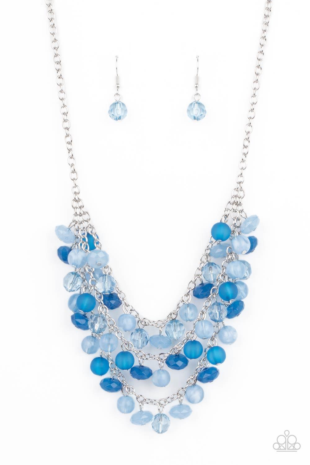 Paparazzi Accessories Fairytale Timelessness - Blue Varying in shape and opacity, a mismatched collection of blue and Cerulean crystal-like beads drip from the shimmery silver chains, creating an enchanted layered fringe below the collar. Features an adju