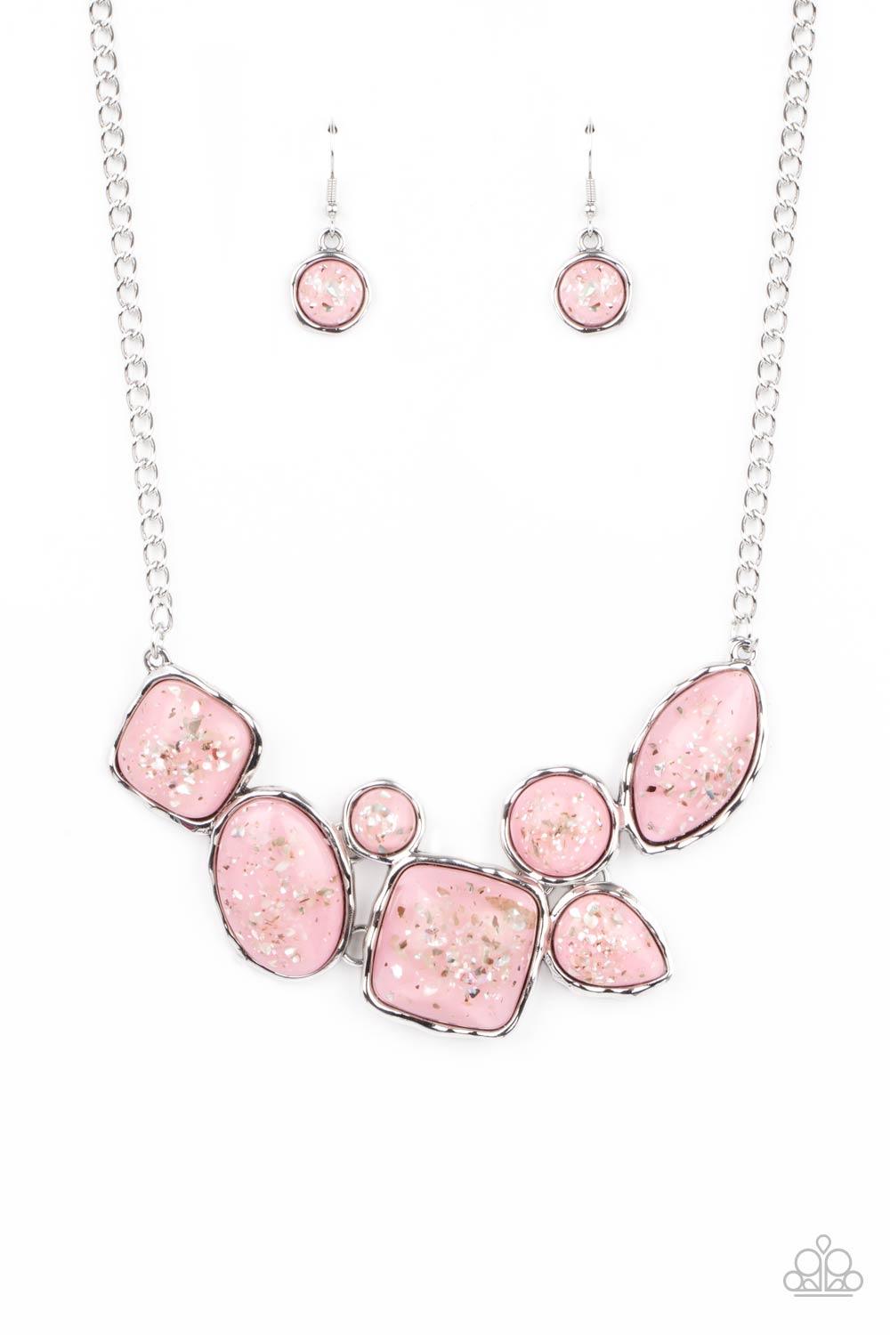 Paparazzi Accessories So Jelly - Pink Flecks of iridescent shell-like pieces are encased in glassy pink beads. Featuring hammered silver frames, the mismatched frames delicately cluster below the collar for an ethereal fashion. Features an adjustable clas