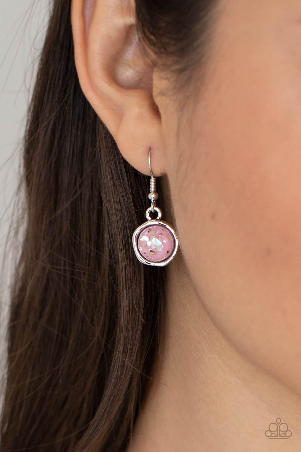Paparazzi Accessories So Jelly - Pink Flecks of iridescent shell-like pieces are encased in glassy pink beads. Featuring hammered silver frames, the mismatched frames delicately cluster below the collar for an ethereal fashion. Features an adjustable clas