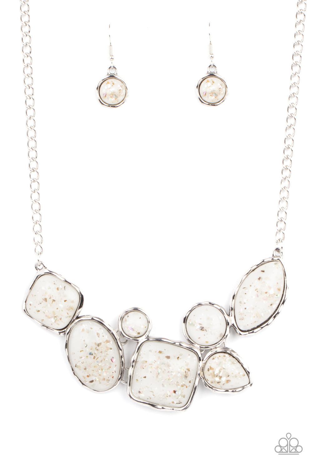 Paparazzi Accessories So Jelly - White Flecks of iridescent shell-like pieces are encased in glassy white beads. Featuring hammered silver frames, the mismatched frames delicately cluster below the collar for an ethereal fashion. Features an adjustable cl