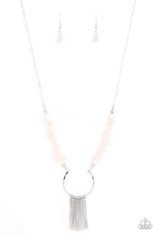 Paparazzi Accessories With Your ART and Soul - Pink Dainty silver rods swing from the bottom of a bowing silver fitting that attaches to sections of pink pebbles at the bottom of a silver chain, creating a whimsically seasonal display. Features an adjusta