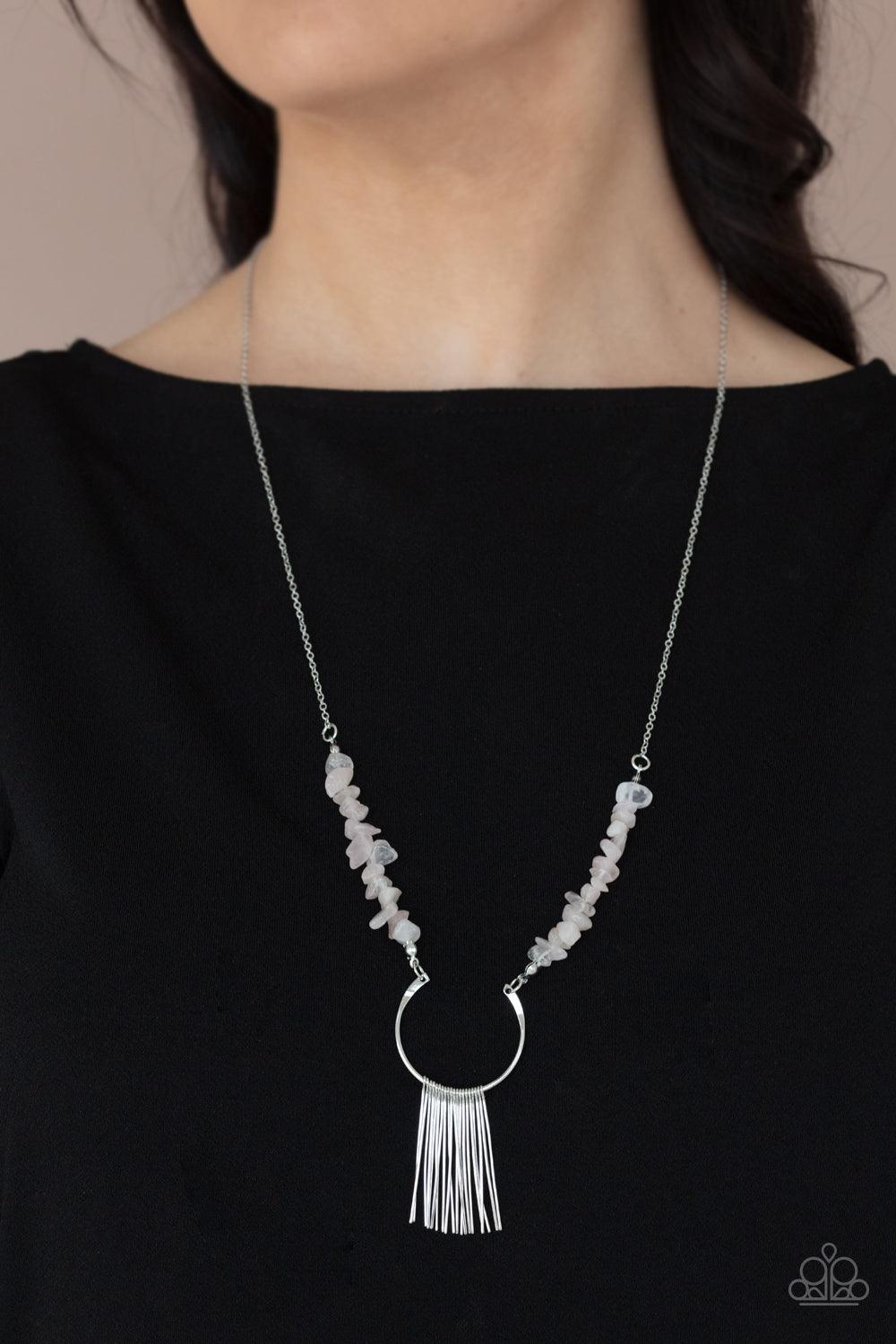 Paparazzi Accessories With Your ART and Soul - Pink Dainty silver rods swing from the bottom of a bowing silver fitting that attaches to sections of pink pebbles at the bottom of a silver chain, creating a whimsically seasonal display. Features an adjusta