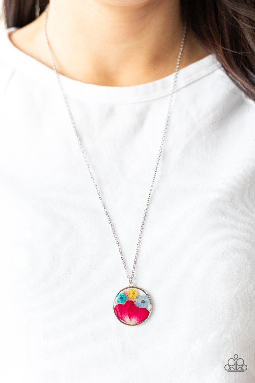 Paparazzi Accessories Eternal Spring - Multi A colorful collection of wildflowers is encased in a glassy pendant, creating a whimsical display below the collar. Features an adjustable clasp closure. Sold as one individual necklace. Includes one pair of ma