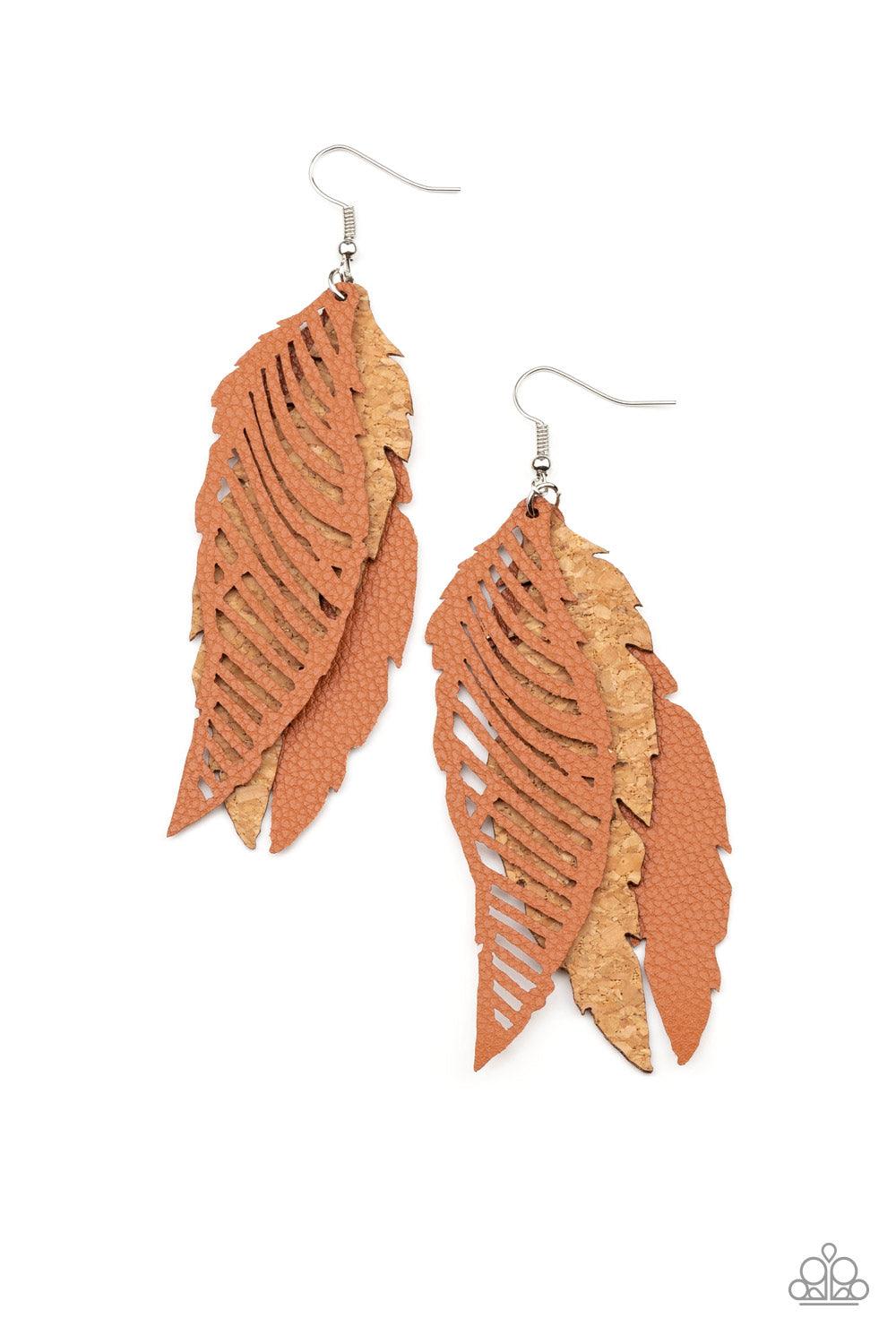 Paparazzi Accessories WINGING Off The Hook - Brown A mismatched collection of cork and brown leather feather frames flutter from the ear, layering into a free-spirited lure. Earring attaches to a standard fishhook fitting. Sold as one pair of earrings. Je