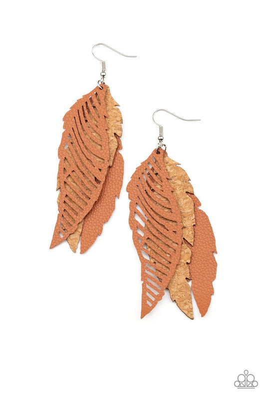 Paparazzi Accessories WINGING Off The Hook - Brown A mismatched collection of cork and brown leather feather frames flutter from the ear, layering into a free-spirited lure. Earring attaches to a standard fishhook fitting. Sold as one pair of earrings. Je