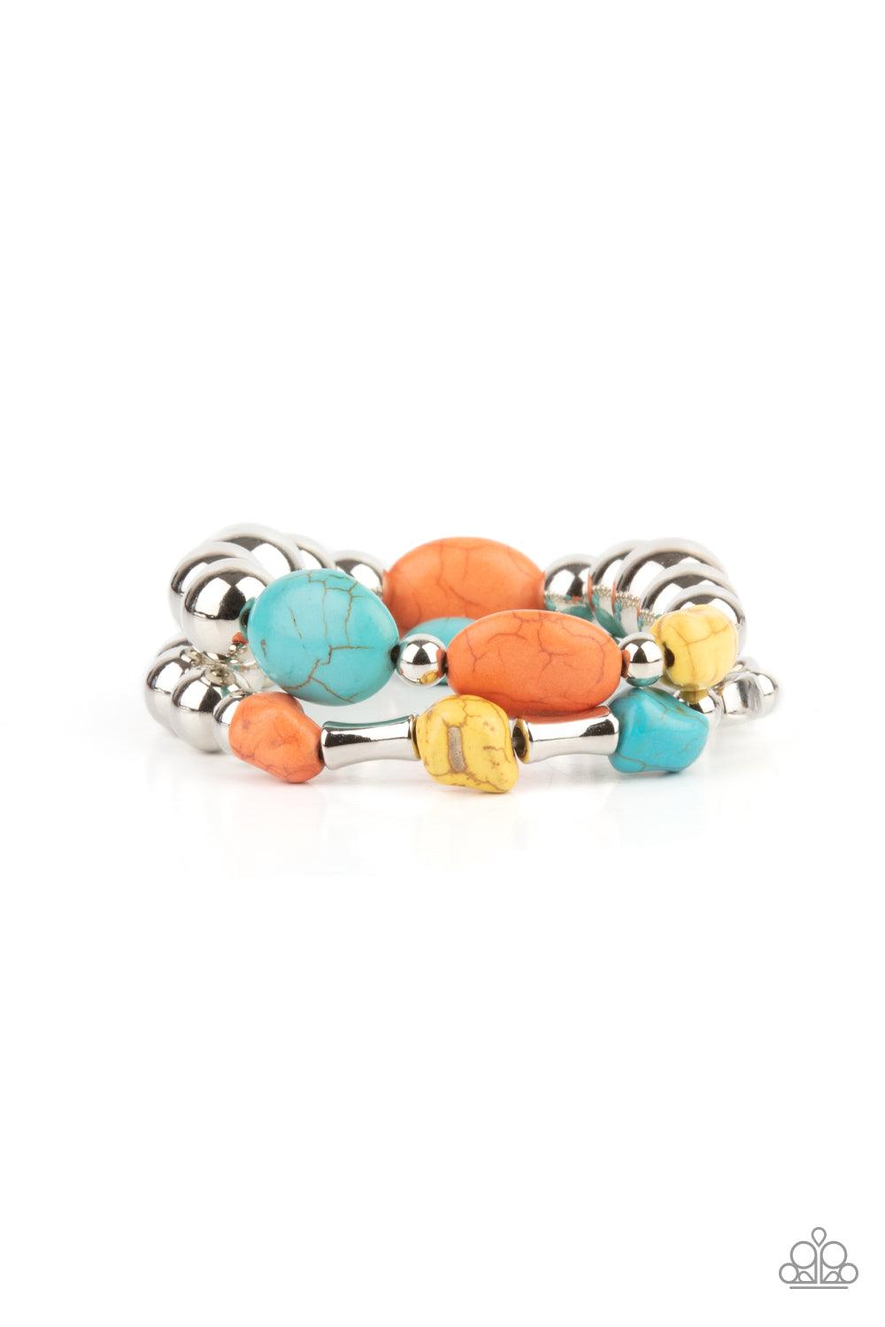 Paparazzi Accessories Authentically Artisan - Multi Mismatched turquoise, orange, and yellow stones and oversized silver beads are threaded along stretchy bands around the wrist, creating earthy layers. Sold as one pair of bracelets. Jewelry