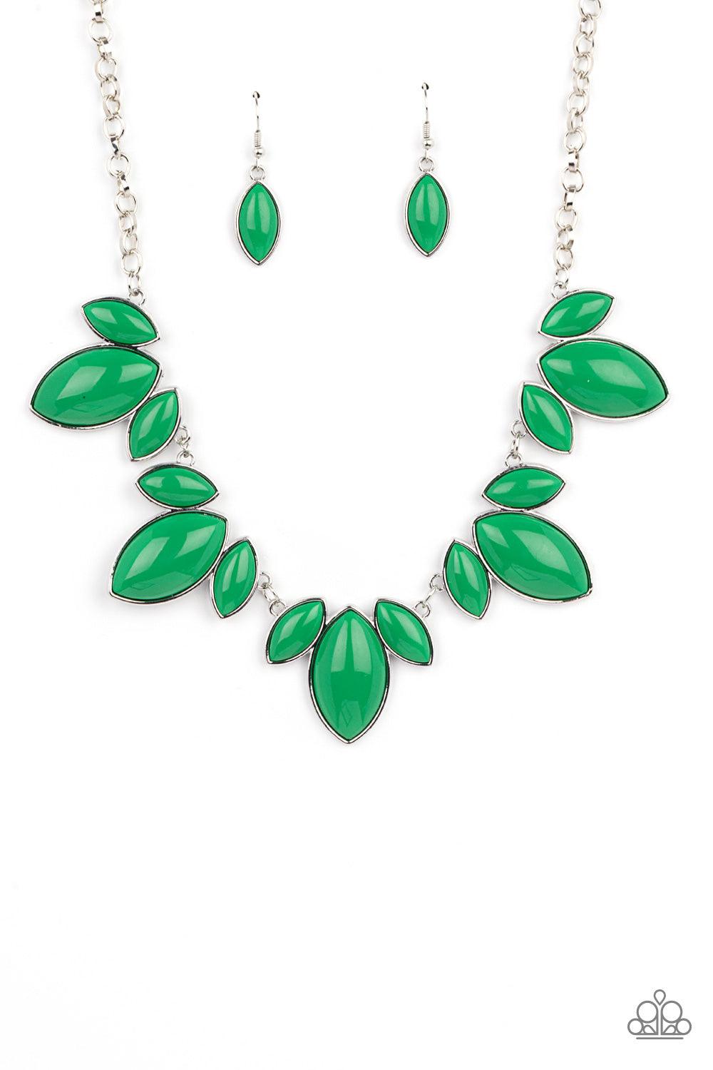 Paparazzi Accessories Viva La Vacation - Green Trios of Mint marquise shaped beads connect into leafy frames below the collar, creating a vivacious centerpiece. Features an adjustable clasp closure. Sold as one individual necklace. Includes one pair of ma