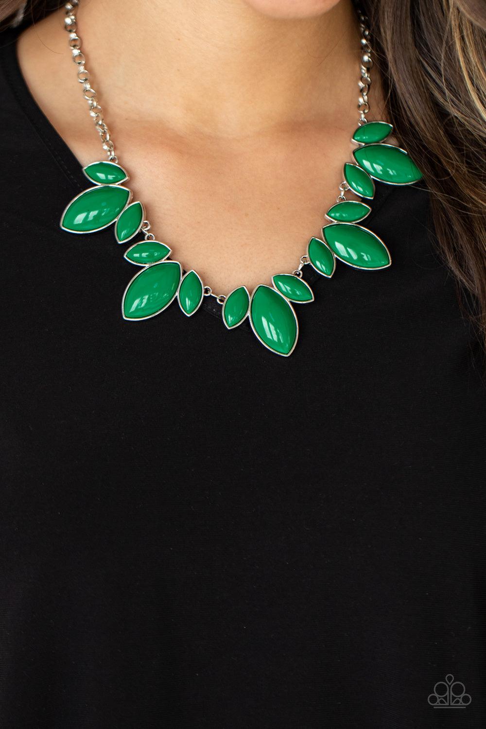 Paparazzi Accessories Viva La Vacation - Green Trios of Mint marquise shaped beads connect into leafy frames below the collar, creating a vivacious centerpiece. Features an adjustable clasp closure. Sold as one individual necklace. Includes one pair of ma