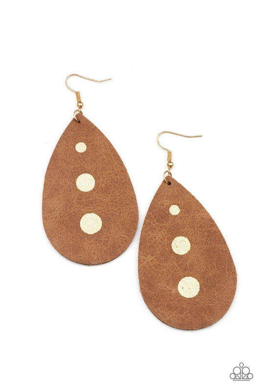 Paparazzi Accessories Rustic Torrent - Gold The front of a distressed leather teardrop frame is adorned into three glistening gold paint drops, creating a rustic elegance. Earring attaches to a standard fishhook fitting. Sold as one pair of earrings. Earr