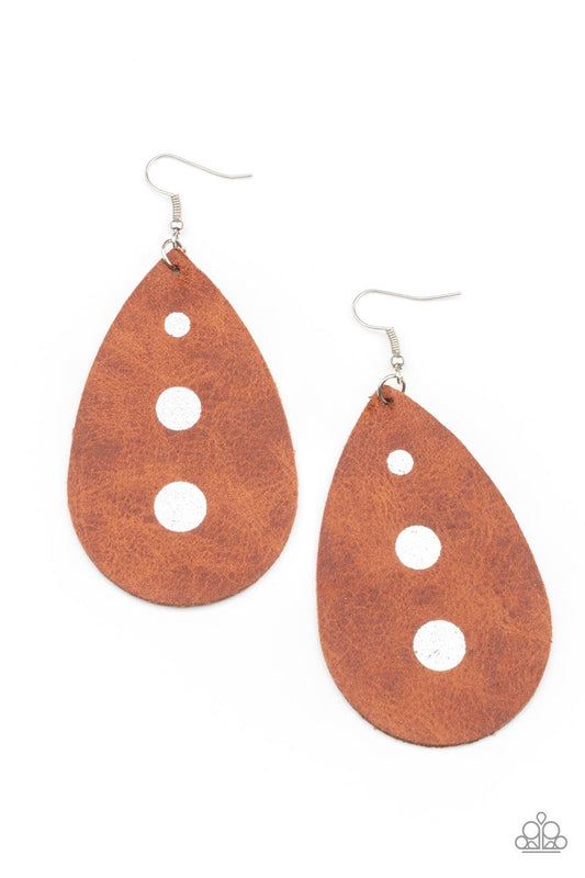 Paparazzi Accessories Rustic Torrent - Brown The front of a distressed leather teardrop frame is adorned into three shimmery silver paint drops, creating a rustic elegance. Earring attaches to a standard fishhook fitting. Sold as one pair of earrings. Ear
