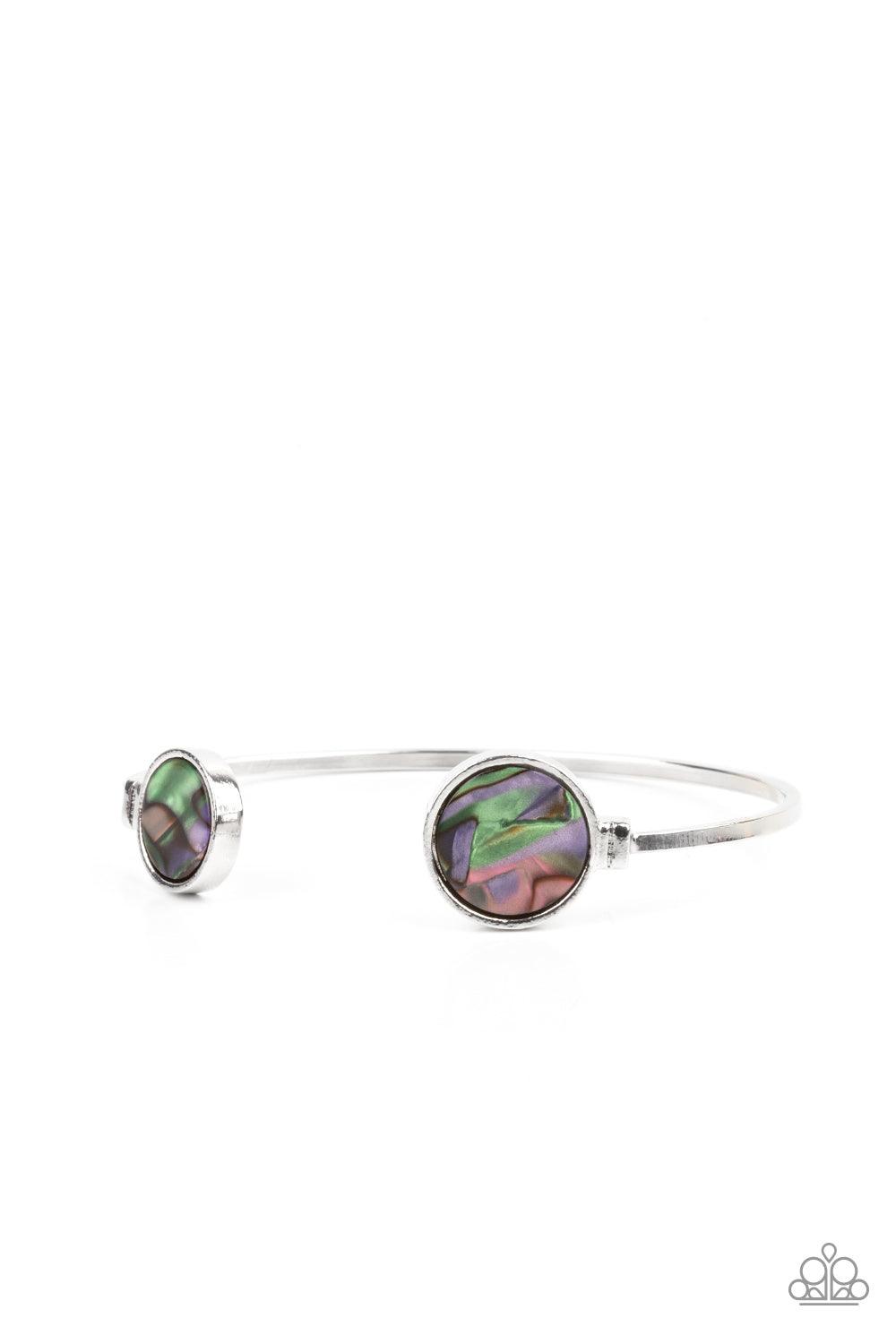 Paparazzi Accessories Space Oracle - Multi Encased in sleek silver frames, iridescent multicolored shell-like fittings adorn the ends of a dainty silver cuff, creating a colorful open-face display. Sold as one individual bracelet. Bracelets