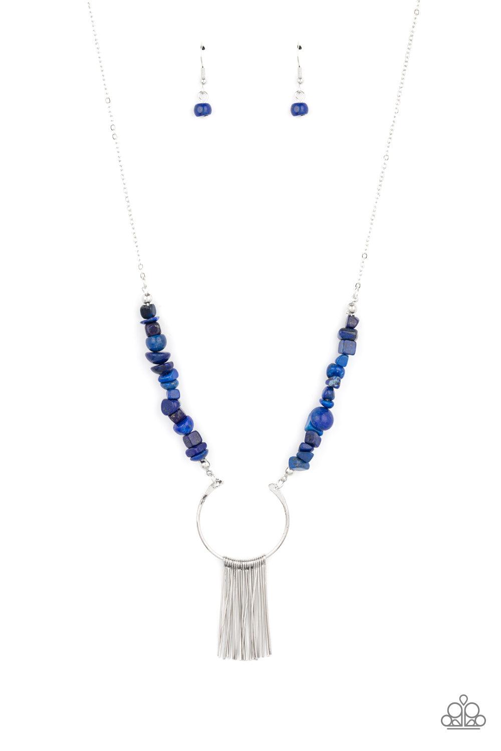 Paparazzi Accessories With Your ART and Soul - Blue Dainty silver rods swing from the bottom of a bowing silver fitting that attaches to sections of lapis pebbles at the bottom of a silver chain, creating a whimsically seasonal display. Features an adjust