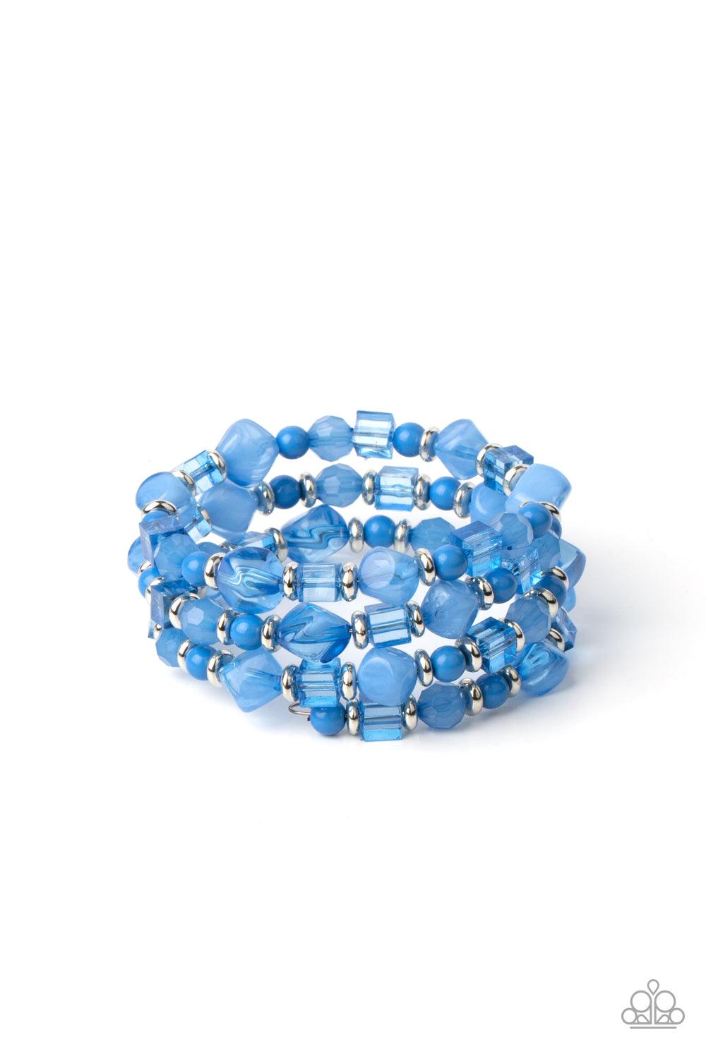 Paparazzi Accessories Girly Girl Glimmer - Blue Featuring glassy, polished, and opaque finishes, a whimsical collection of French Blue pebble, crystal, and acrylic beads are threaded along a dainty wire, creating a colorful infinity wrap bracelet around t