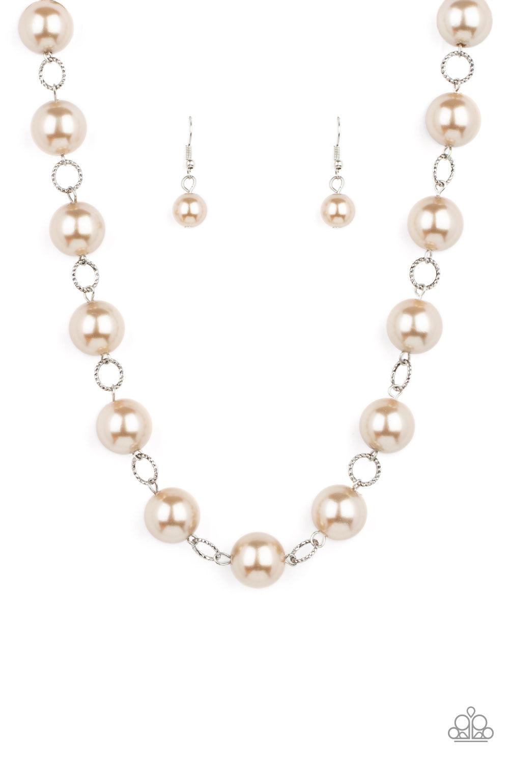 Paparazzi Accessories Ensconced in Elegance - Brown Textured silver rings and oversized brown pearls delicately link into a bubbly statement piece below the collar. Features an adjustable clasp closure. Sold as one individual necklace. Includes one pair o