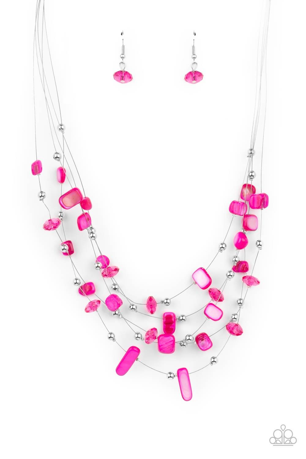 Paparazzi Accessories Prismatic Pebbles - Pink Dainty silver beads, pink crystal-like beads, and shell-like pink pebbles are fitted in place along strands of dainty wires, creating colorful layers below the collar. Features an adjustable clasp closure. So
