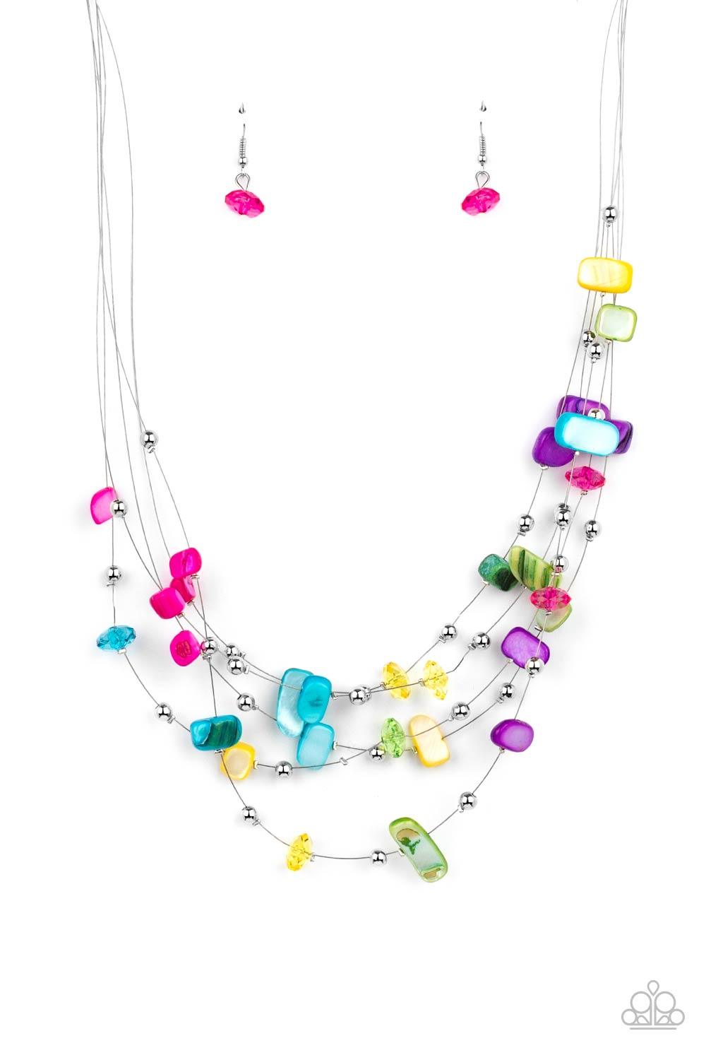 Paparazzi Accessories Prismatic Pebbles - Multi Dainty silver beads, multicolored crystal-like beads, and shell-like multicolored pebbles are fitted in place along strands of dainty wire, creating colorful layers below the collar. Features an adjustable c