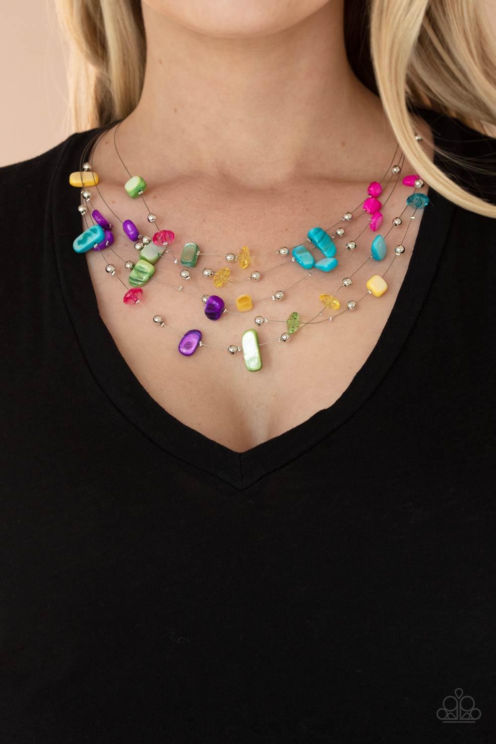 Paparazzi Accessories Prismatic Pebbles - Multi Dainty silver beads, multicolored crystal-like beads, and shell-like multicolored pebbles are fitted in place along strands of dainty wire, creating colorful layers below the collar. Features an adjustable c