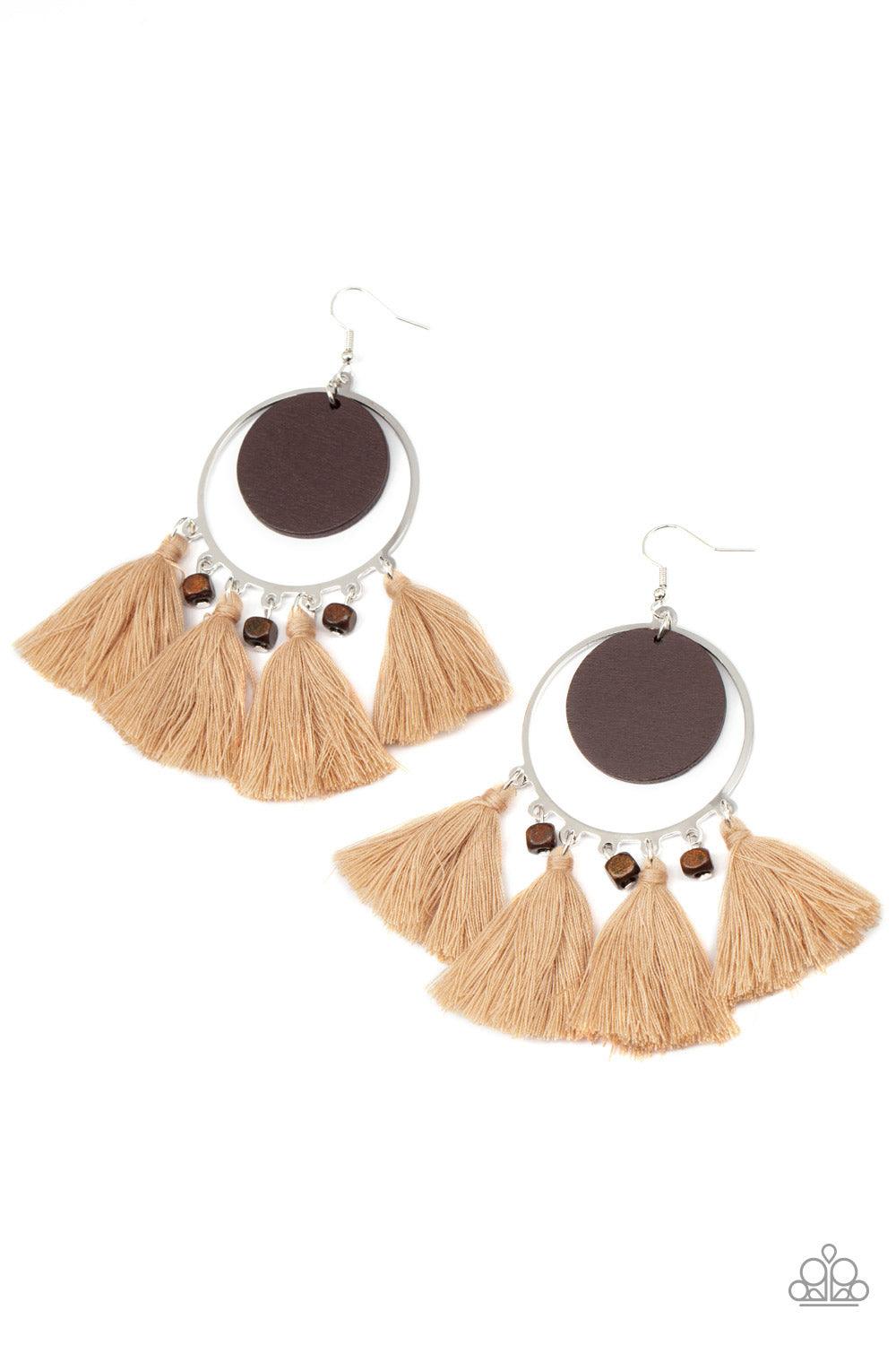Paparazzi Accessories Yacht Bait - Brown A wooden disc swings from the top of a shiny silver hoop that is adorned in dainty wooden cube beads and Desert Mist threaded tassels, creating an earthy fringe. Earring attaches to a standard fishhook fitting. Sol