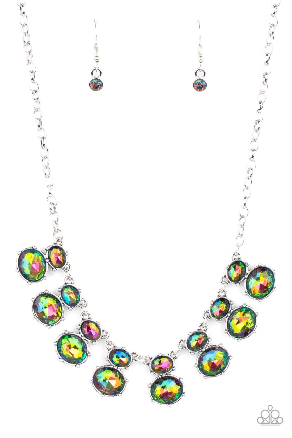 Paparazzi Accessories Cosmic Countess - Multi Double stacks of iridescent multi-colored oval cut gems link elegantly across the collar on a silver chain for a deliriously cosmic flair of glamour. Features an adjustable clasp closure. Sold as one individua