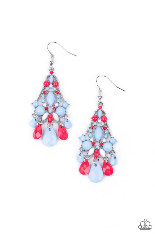 Paparazzi Accessories STAYCATION Home - Multi An array of bubbly Cerulean, white, and Raspberry Sorbet beads decoratively adorn the front of a studded silver frame. Faceted teardrops drip from the bottom of the colorful frame, creating a whimsical fringe.