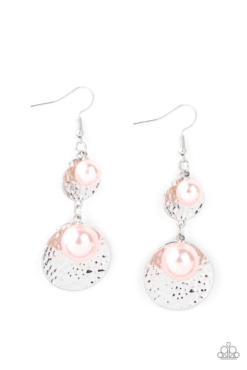 Paparazzi Accessories Pearl Dive - Pink Oversized pink pearls and hammered silver discs delicately link into a bubbly lure for a refined flair. Earring attaches to a standard fishhook fitting. Sold as one pair of earrings. Jewelry