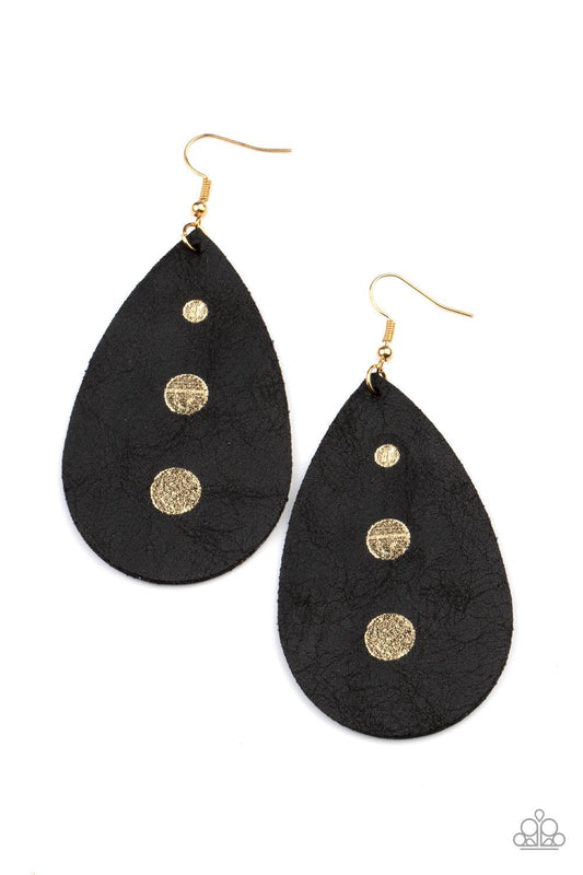 Paparazzi Accessories Rustic Torrent - Black The front of a distressed leather teardrop frame is adorned with three shimmery gold paint drops, creating a rustic elegance. Earring attaches to a standard fishhook fitting. Sold as one pair of earrings. Jewel
