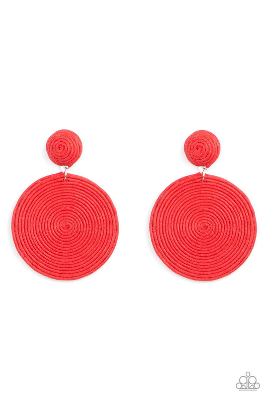 Paparazzi Accessories Circulate The Room - Red A generous disc of red thread spirals around and around for a dizzying finish as it connects to a red button post. Earring attaches to a standard post fitting. Sold as one pair of post earrings. Jewelry
