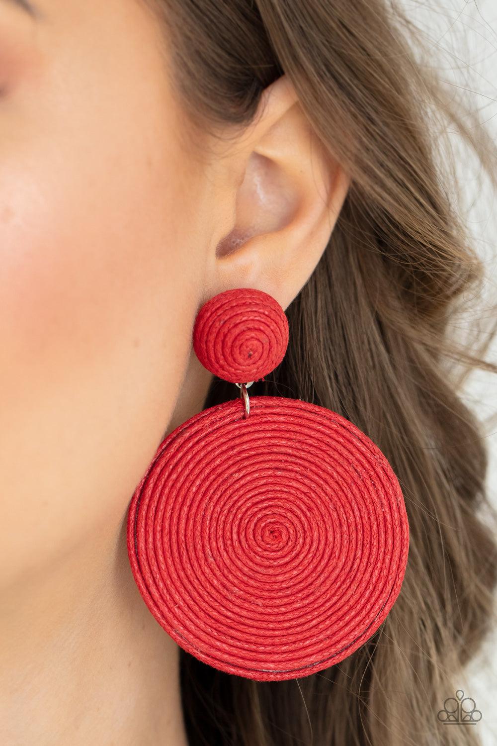 Paparazzi Accessories Circulate The Room - Red A generous disc of red thread spirals around and around for a dizzying finish as it connects to a red button post. Earring attaches to a standard post fitting. Sold as one pair of post earrings. Jewelry