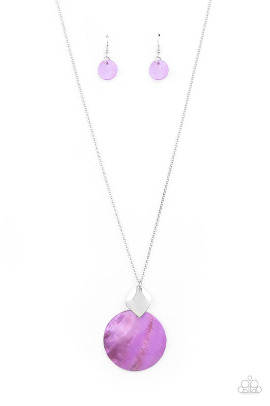 Paparazzi Accessories Tidal Tease - Purple Featuring a glistening iridescence, a Lavender shell-like disc attaches to a shiny silver frame at the bottom of a lengthened silver chain, creating a summery pendant. Features an adjustable clasp closure. Sold a
