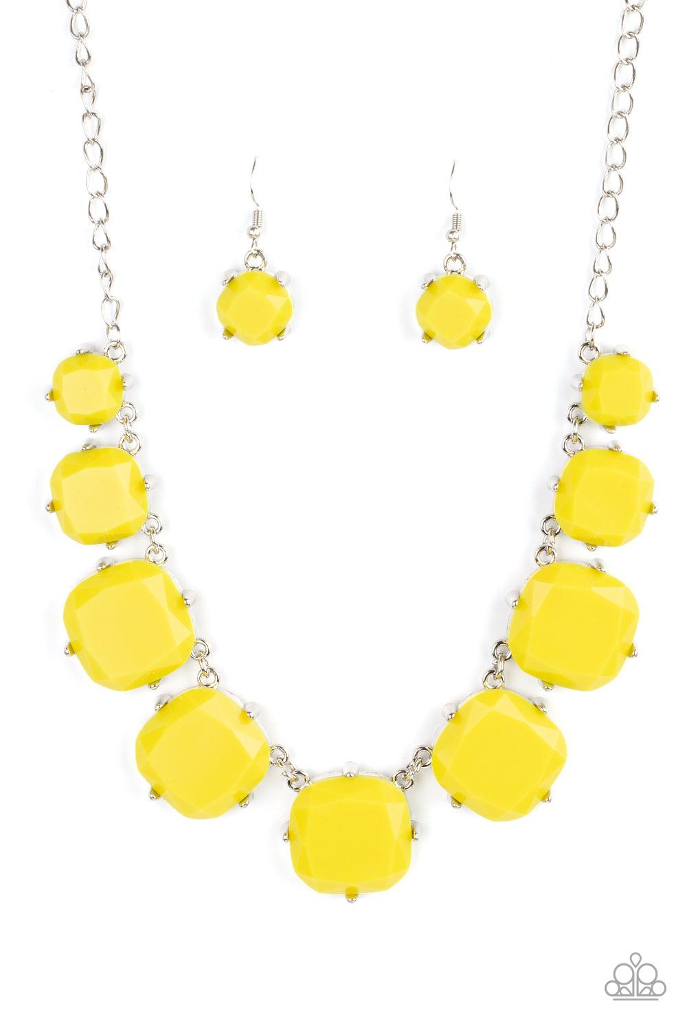Paparazzi Accessories Prismatic Prima Donna - Yellow Encased in pronged silver fittings, faceted Illuminating beads gradually increase in size as they link below the collar, creating a flamboyant pop of color. Features an adjustable clasp closure. Sold as