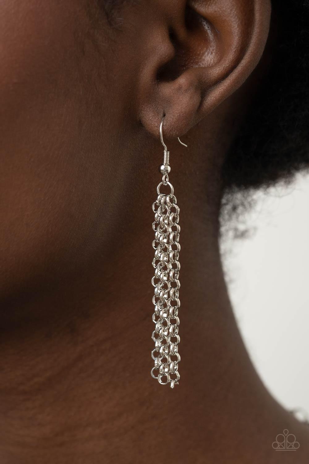 Paparazzi Accessories You the TALISMAN! - Red Pairs of faceted silver beads and glassy white emerald cut gems flank an oversized emerald cut red gem atop an antiqued silver half moon frame. A smoky triangular cut gem adorns the bottom of the pendant, crea