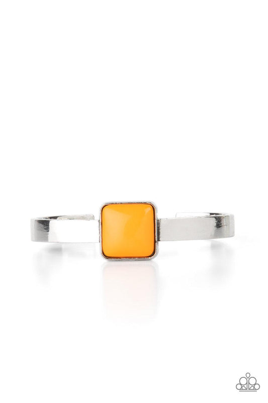 Paparazzi Accessories Prismatically Poppin - Orange A square Marigold bead is pressed into the center of a sleek silver frame that sits atop a dainty silver cuff, creating a bold pop of color atop the wrist. Sold as one individual bracelet. Jewelry