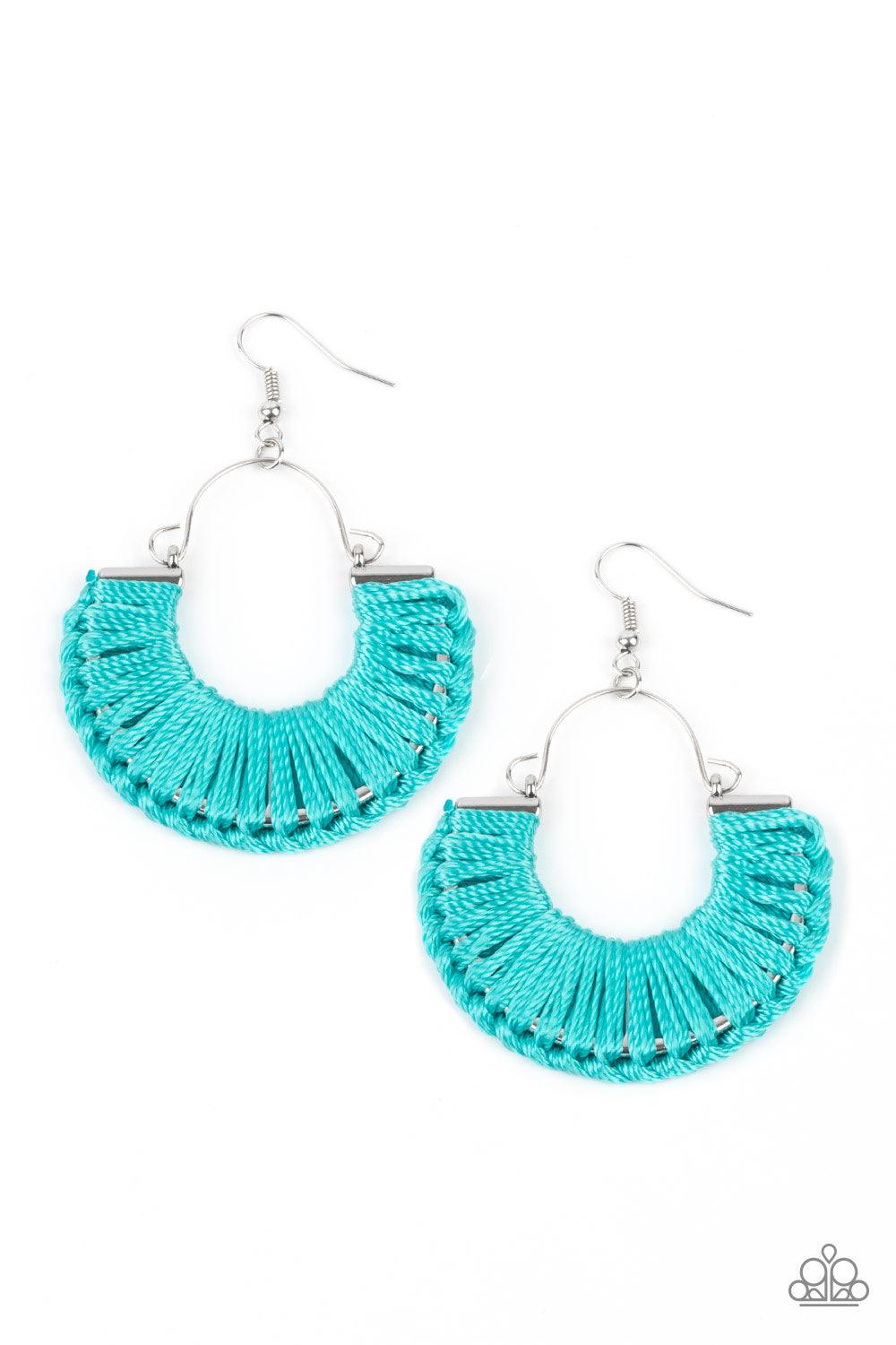 Paparazzi Accessories Threadbare Beauty - Blue Shiny Blue Tint thread wraps and knots around a silver half moon frame, creating a colorful boho frame. Earring attaches to a standard fishhook fitting. Sold as one pair of earrings. Jewelry