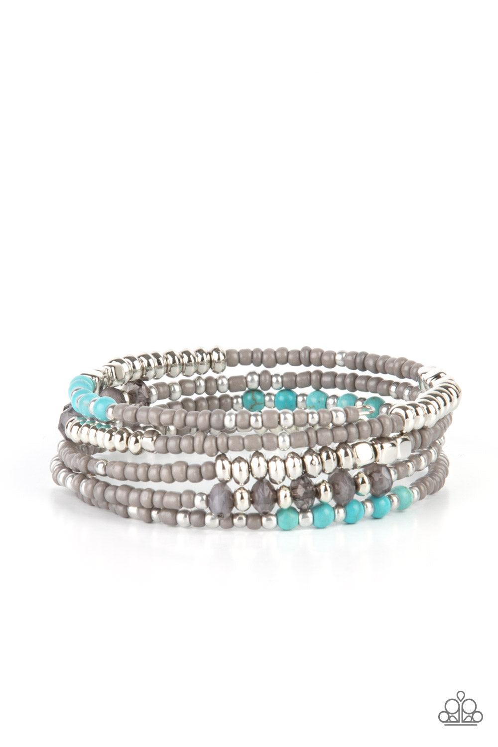 Paparazzi Accessories Infinitely Dreamy - Silver Sections of Ultimate Gray seed beads alternate with silver, turquoise, and smoky crystal-like beads in infinite rows. The dreamy colors are threaded along a continuous strand of wire for an infinity wrap-st