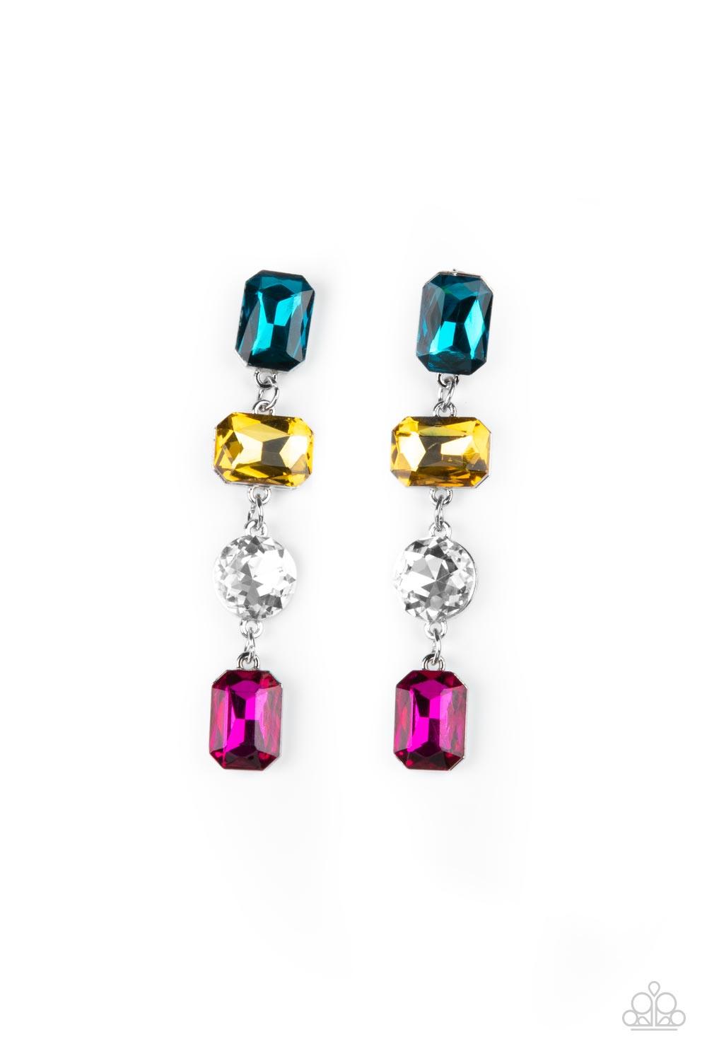 Paparazzi Accessories Cosmic Heiress - Multi A strand of oversized round, teardrop, and emerald cut blue, yellow, white, and pink rhinestones trickles from the ear, creating a jaw-dropping chandelier. Earring attaches to a standard post earring. Sold as o