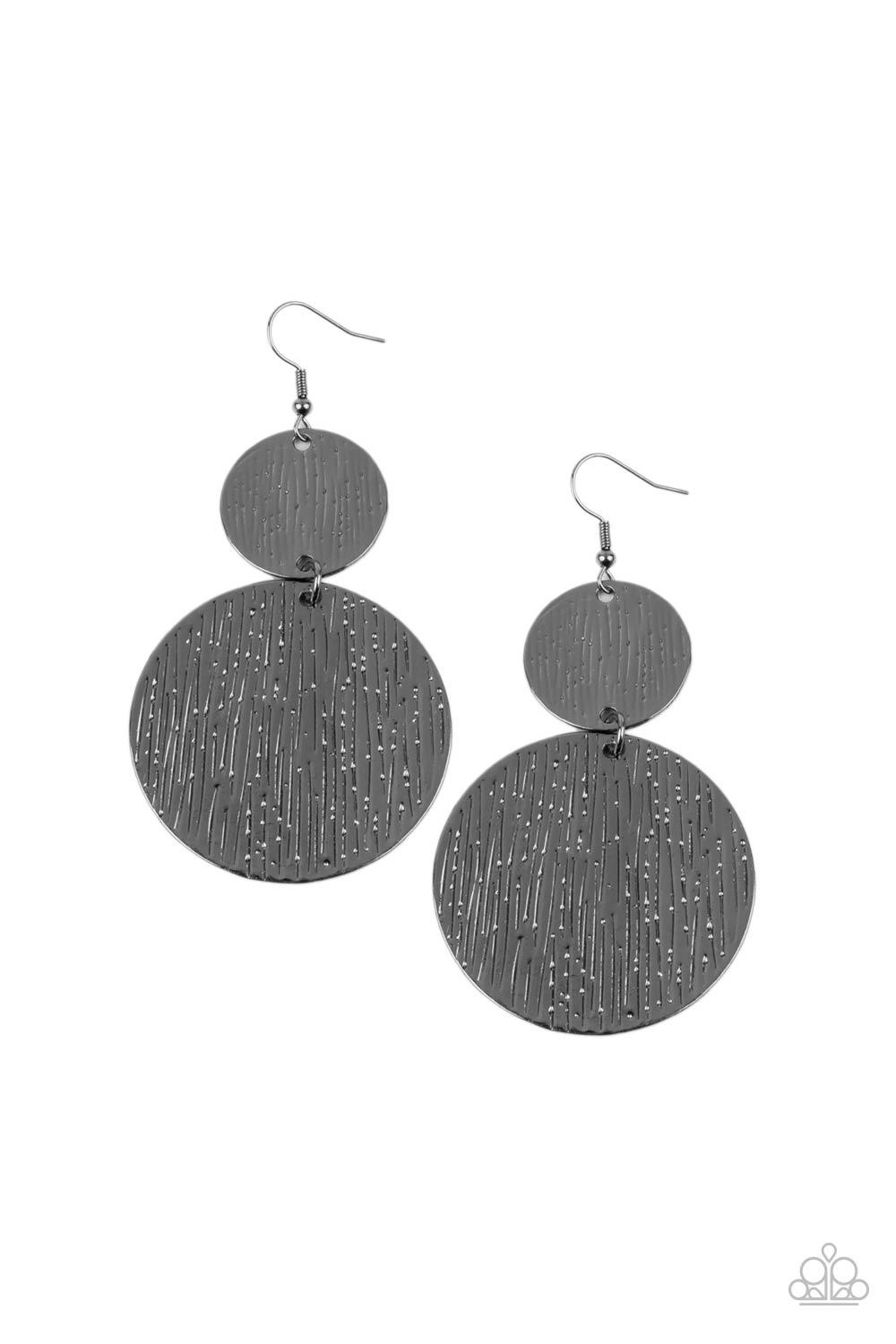 Paparazzi Accessories Status CYMBAL - Black Embossed in tactile linear patterns, two mismatched gunmetal discs link into a glistening lure. Earring attaches to a standard fishhook fitting. Sold as one pair of earrings. Jewelry