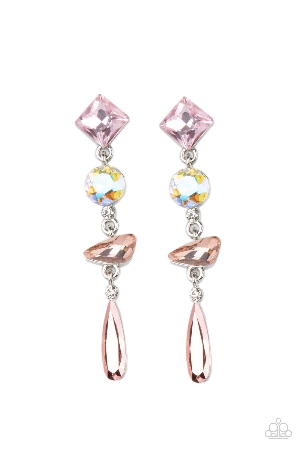 Paparazzi Accessories Rock Candy Elegance - Pink A mismatched collection of colorfully iridescent and brilliantly sparkling gems are linked together in elegant succession as they fall glamorously from the ear. Earring attaches to a standard post fitting.