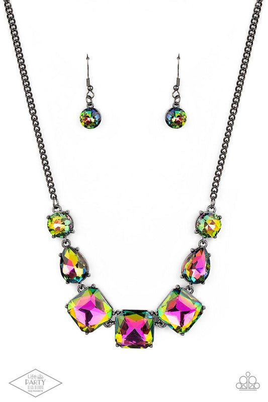 Paparazzi Accessories Unfiltered Confidence - Multi A trio of brilliant oil spill square gut gems encased in classic gunmetal fittings takes center stage. Teardrop and round oil spill gems link to a gunmetal chain on either side of the trio for a striking