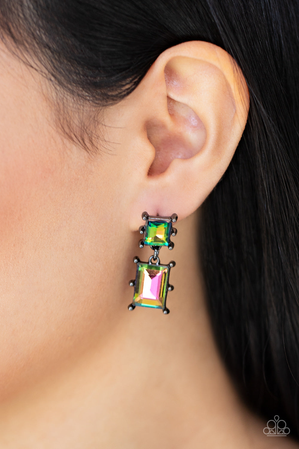 Paparazzi Accessories Cosmic Queen - Multi Two brilliant baguette cut oil spill rhinestones, set in classic gunmetal pronged settings, stack one over the other creating a cosmically radiant statement. Earring attaches to a standard post fitting. Sold as o