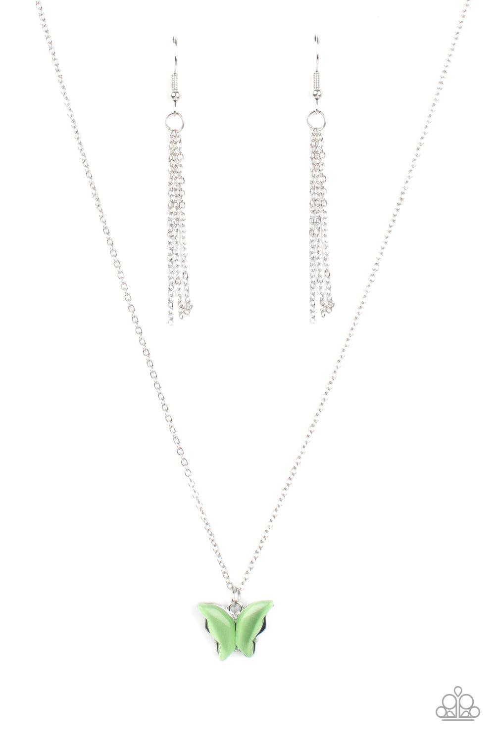Paparazzi Accessories Butterfly Prairies - Green Infused with glistening green cat's eye stone wings, a shiny silver butterfly pendant swings from a dainty silver chain below the collar for a whimsy flair. Features an adjustable clasp closure. Sold as one