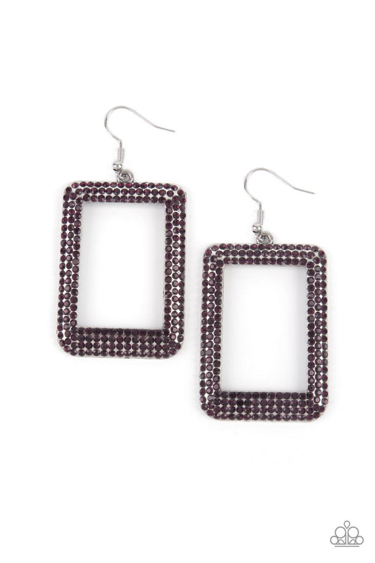 Paparazzi Accessories World FRAME-ous - Purple Bordered in rows of glittery purple rhinestones, an oversized silver rectangular frame swings from the ear for a fashionable finish. Earring attaches to a standard fishhook fitting. Sold as one pair of earrin
