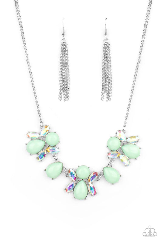 Paparazzi Accessories Galaxy Gallery - Green A bubbly collection of round and teardrop Green Ash beads coalesce with iridescent marquise cut rhinestones below the collar, creating a stellar centerpiece. Features an adjustable clasp closure. Sold as one in