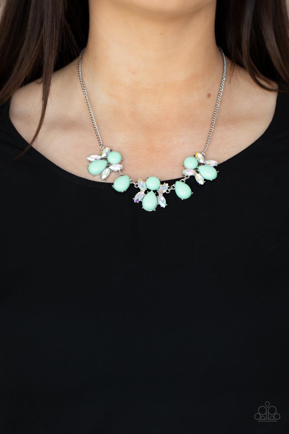 Paparazzi Accessories Galaxy Gallery - Green A bubbly collection of round and teardrop Green Ash beads coalesce with iridescent marquise cut rhinestones below the collar, creating a stellar centerpiece. Features an adjustable clasp closure. Sold as one in