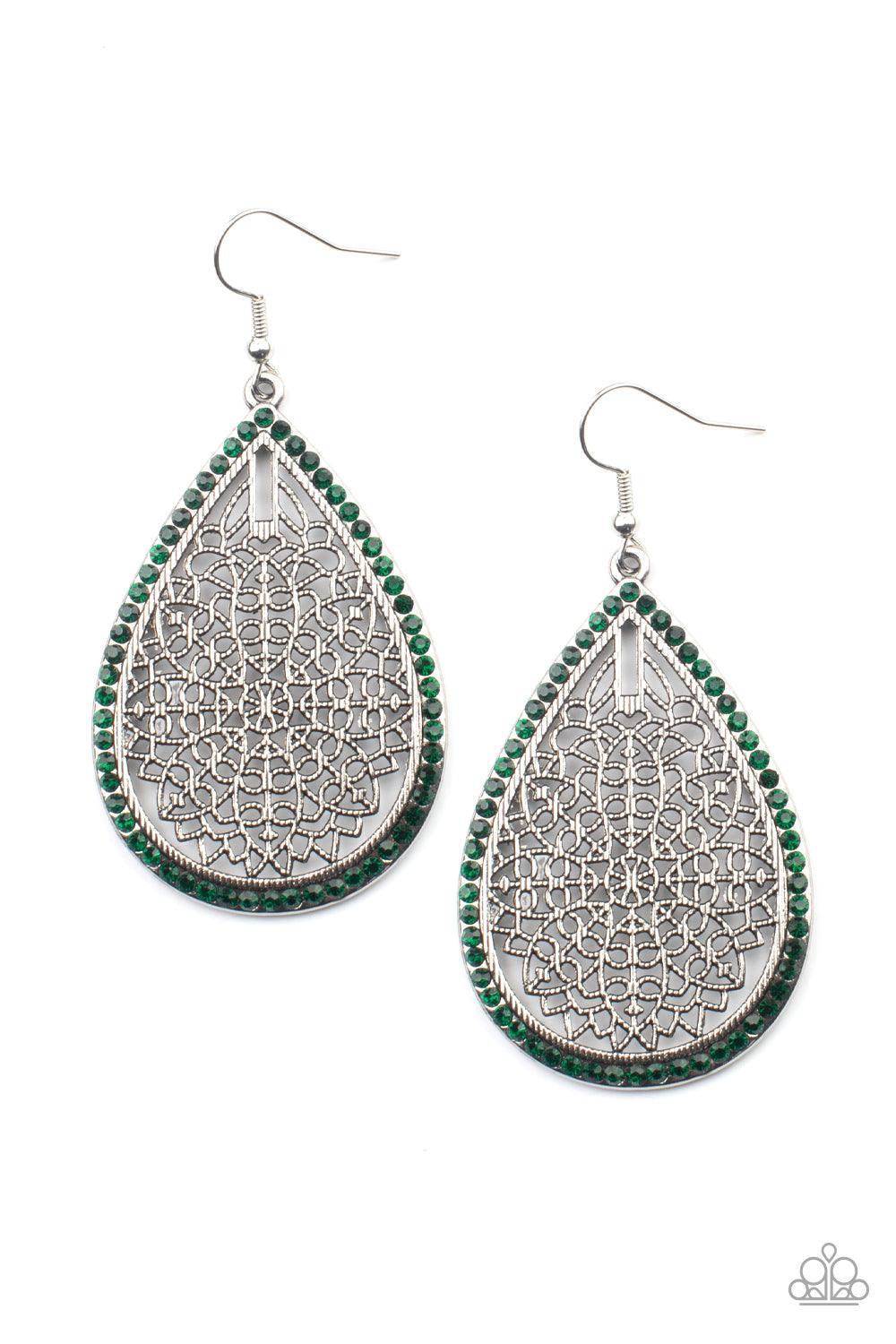 Paparazzi Accessories Fleur de Fantasy - Green Bordered in dainty green rhinestones, the center of an oversized silver teardrop is filled with an airy floral pattern for a seasonal flair. Earring attaches to a standard fishhook fitting. Sold as one pair o